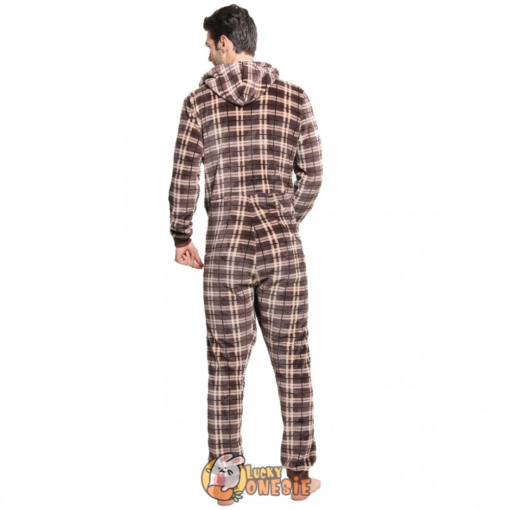 Mens Onesie Adult Hooded Jumpsuit Flannel Pajamas Polo Jumpsuit Plaid ...